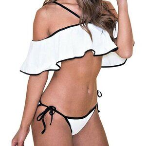 2 Piece Swimsuit Off Shoulder Ruffled Bikini Set Tie Side White Sz XXL